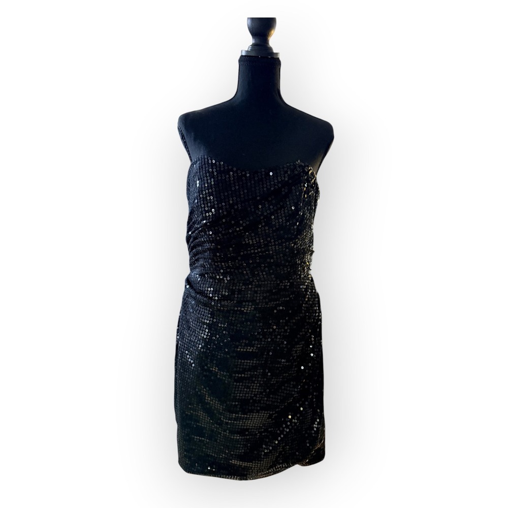 NWT Vintage Black Sequin Dress 10 Strapless Ruched Gala Hoco Y2K Goth Whimsigoth